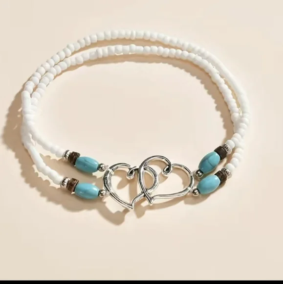 Ankle Bracelet Double Hearts Tiny Beads White With Turquoise Blue NWT - Picture 1 of 5